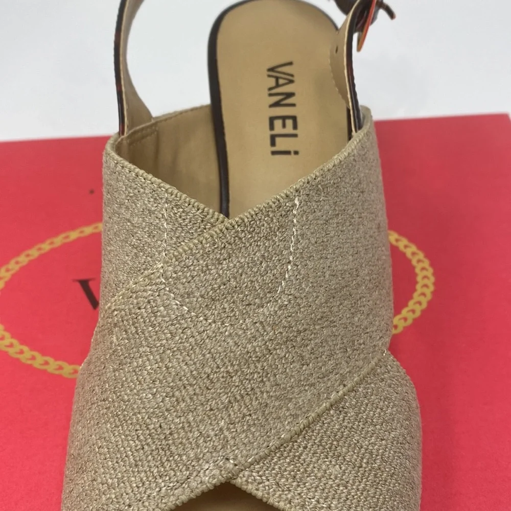 VANELI Bamba Natural Canvas Animal Print Detail Gold Trim Heel Size 7.5 Med NEW - Picture 7 of 16